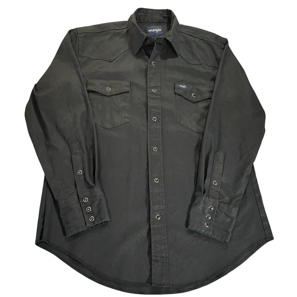 Wrangler Twill Pearl Snap Shirt Mens Large Heavyweight Solid Black 3 Snap Sleeve